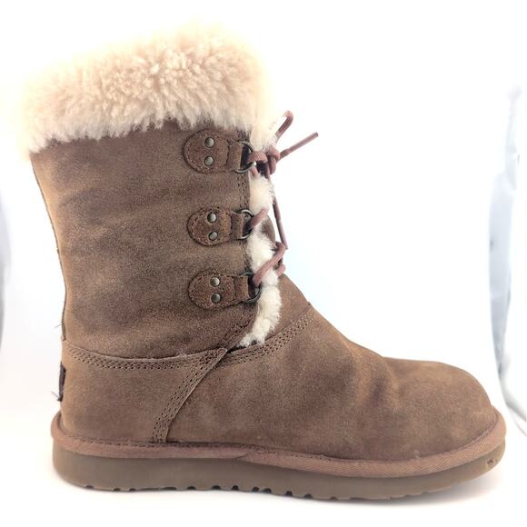 UGG Australia Sophy Leather Boots Girls US Size 4 Brown Chestnut Winter Fall - Picture 1 of 11